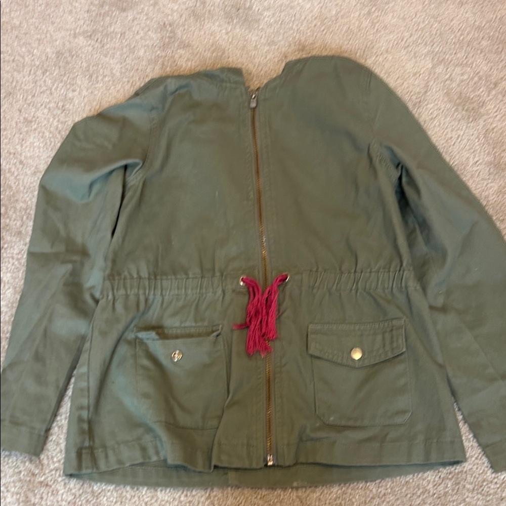 Olive Green Utility Jacket with Red Drawstring